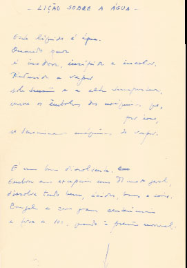 manuscrito do poema lição sobre a água